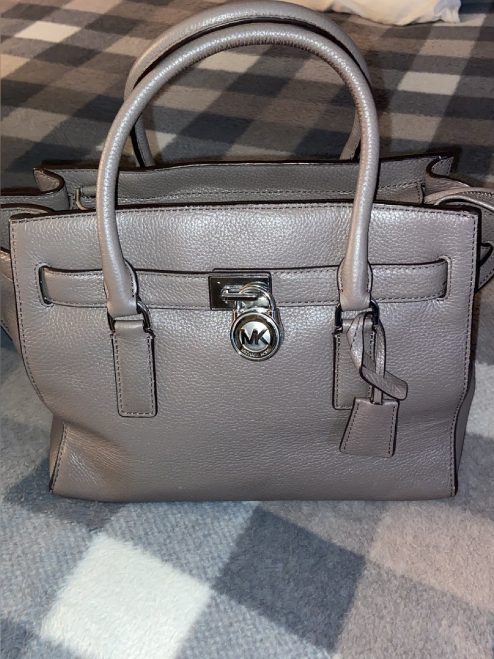 Michael Kors Taupe Pebbled Leather Satchel with MK Charm